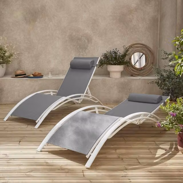 sweeek Set of 2 Black Aluminium and Textilene Sun Loungers with 4 Reclining Positions