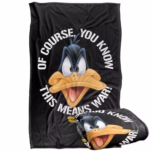 Warner Bros. Looney Tunes Daffy Big Head This Means War Super Soft Silky Touch Fleece Throw Blanket, Multicolour, W: 91 cm, D: 147 cm