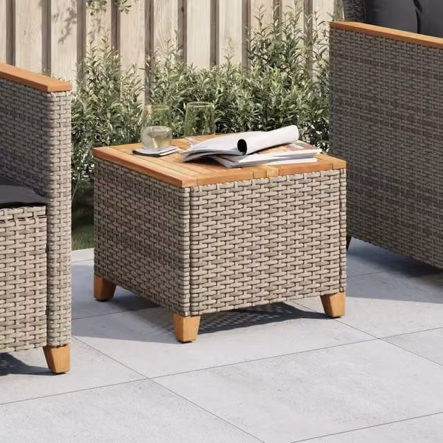 Berkfield Home Grey Poly Rattan Garden Table with Acacia Wood, W/D/H: 45 x 45 x 37 cm – 1