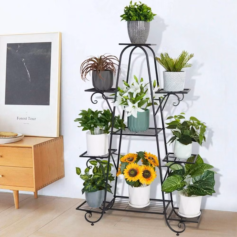 NESTLUNE 9-Tier Metal Plant Stand Garden Shelves in Black, H 130 x W 100 x D 15 cm – 3