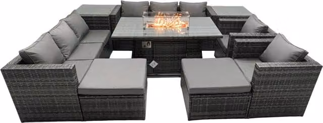 Fimous 10 Seater Rattan Garden Furniture Firepit Dining Set with Lounge Sofa, Table, 2 Side Tables and 2 Large Footstools in Dark Grey – 1