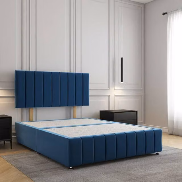Regional Furnishings Blue Velvet Upholstered King Size Divan Bed with 24 inch Headboard and Footboard, W/D/H: 180 x 200 cm