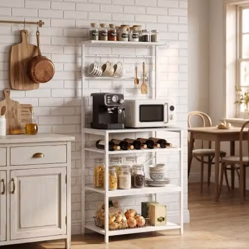HOMCOM Industrial Freestanding 5-Tier Storage Shelf with Wine Rack and 6 Hooks, White, W/D/H: 59 x 40 x 143.5 cm – 5
