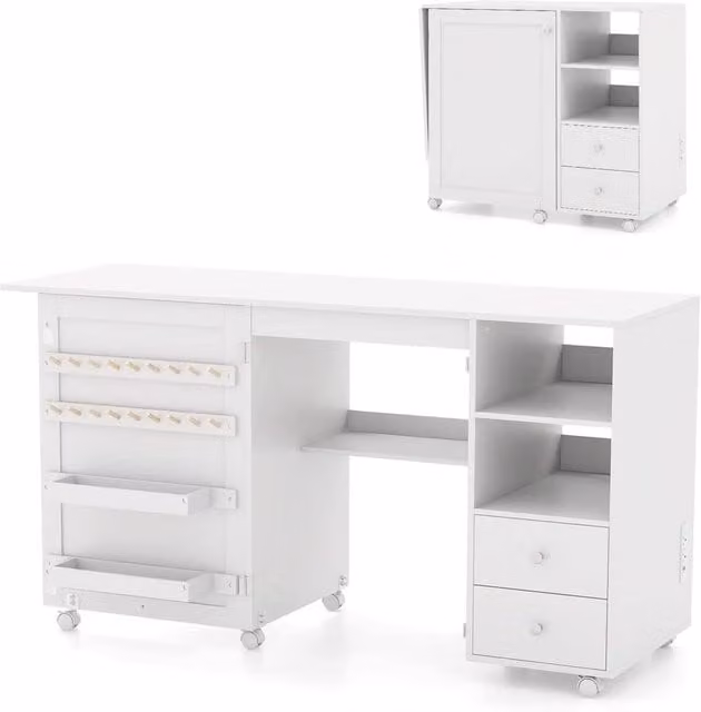 Gymax Folding Sewing Table with Charging Station and Sewing Machine Drawer Cart in White