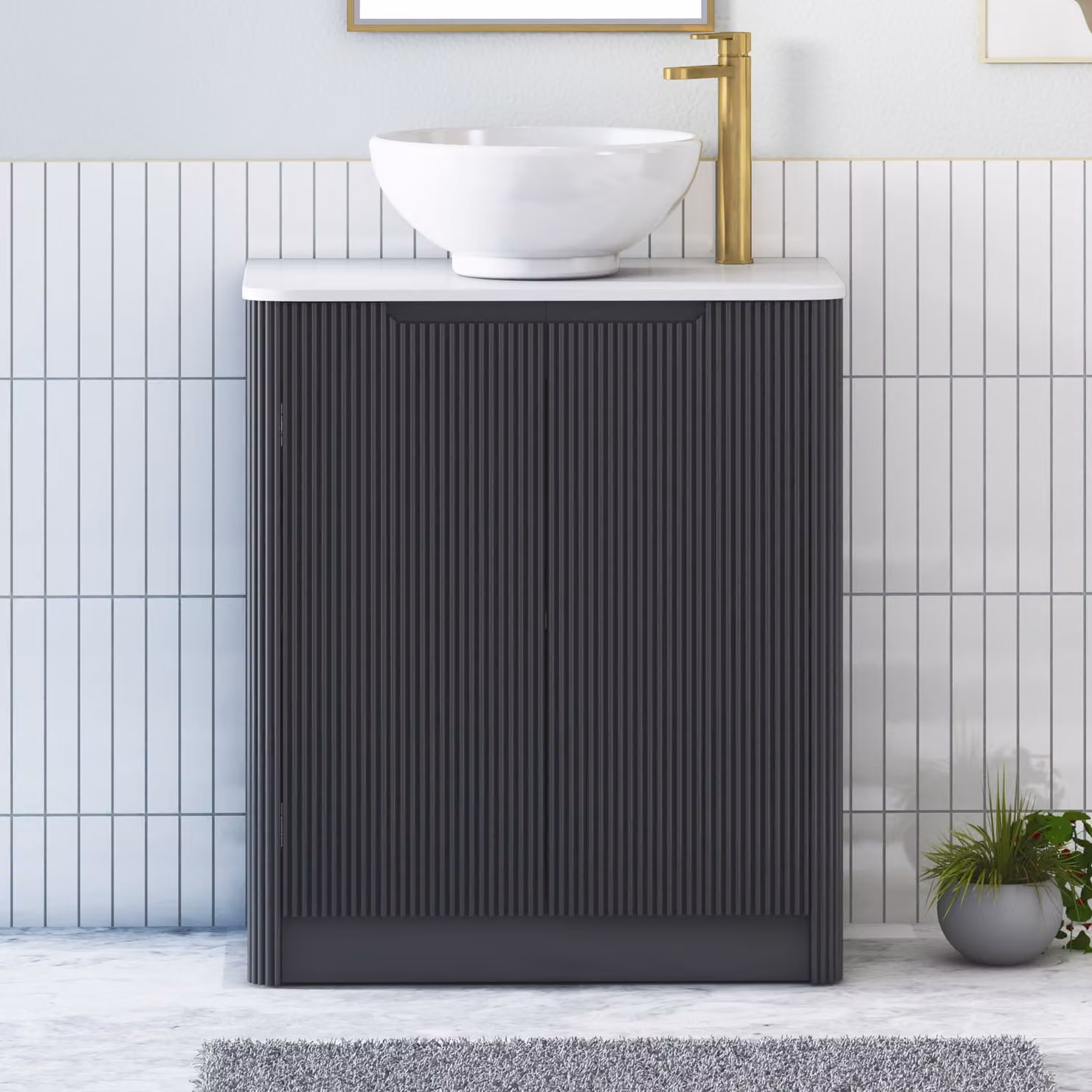 Royal Bathrooms Avenza 600mm Floor Standing 2 Door Vanity Unit in Matt Obsidian Black with Plain White Worktop and Breeze Basin