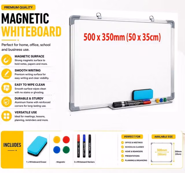 Atek Magnetic Whiteboard in White and Silver with Aluminum Frame, W: 50 cm x H: 35 cm