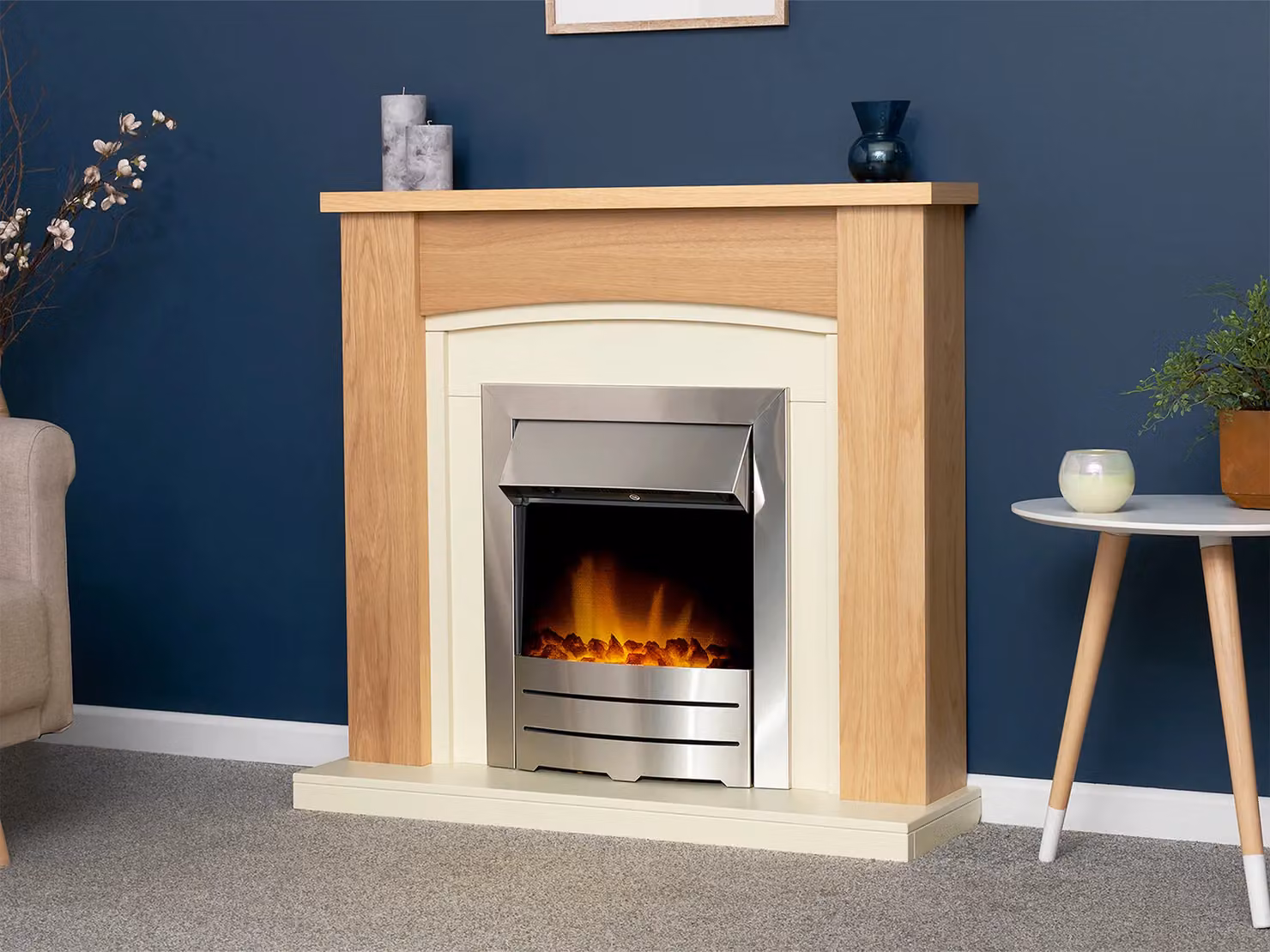 Adam Fires & Fireplaces Chilton Fireplace in Oak and Cream with Colorado Electric Fire in Brushed Steel and Grey Finish – 2