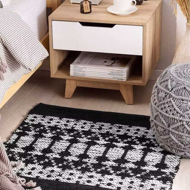 Wyld and Coco Hand-Loomed Woven Leather and Cotton Rug in Black and White, Rectangular, W: 80 cm, L: 150 cm – 1