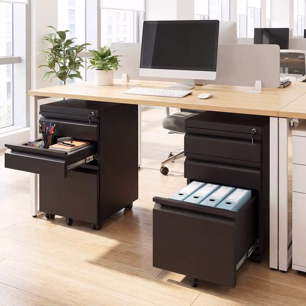 Costway 3-Drawer Mobile Metal Filing Cabinet with Lock and Castors in Black – 9