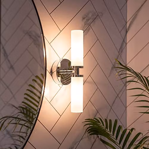 MiniSun Modern Up and Down 2 Way Silver Chrome and Transparent Glass Cylinder Wall Light with LED Bulbs, IP44 Rated for Bathrooms – 2