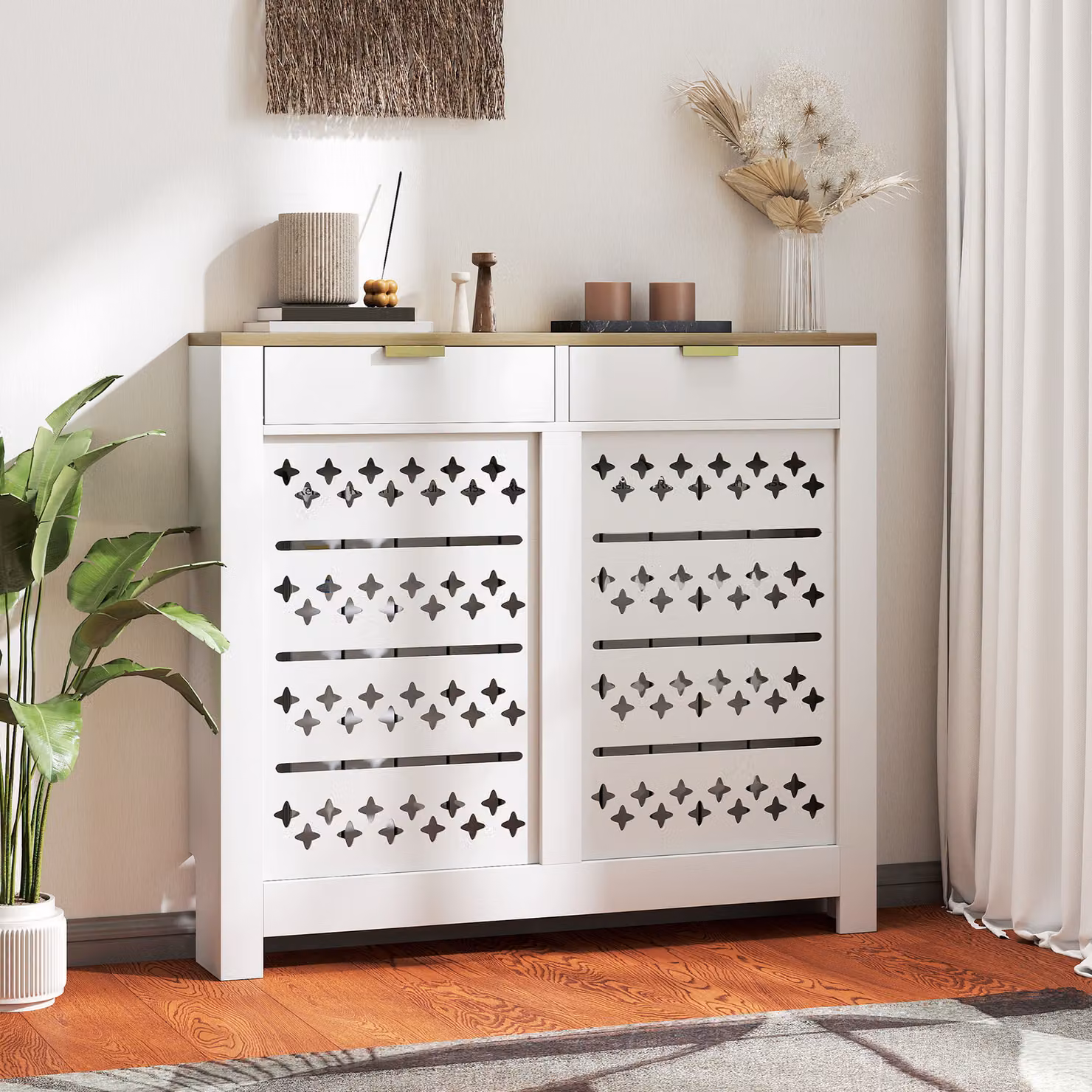 HOMCOM Minimalist Radiator Cover with 2 Drawers, White, W: 108 cm, D: 19 cm – 2