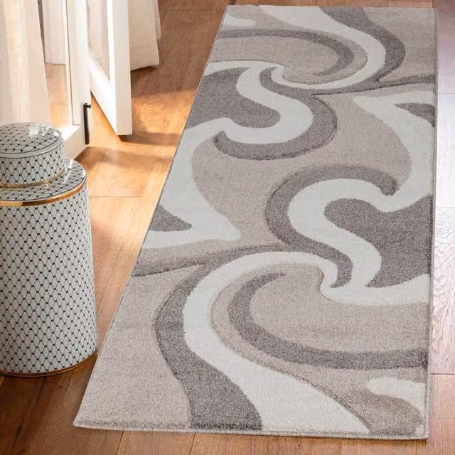 Desire Rugs Valencia Modern Swirl Design Carved Area Rug Runner in Beige and Brown, W: 60 cm, L: 220 cm