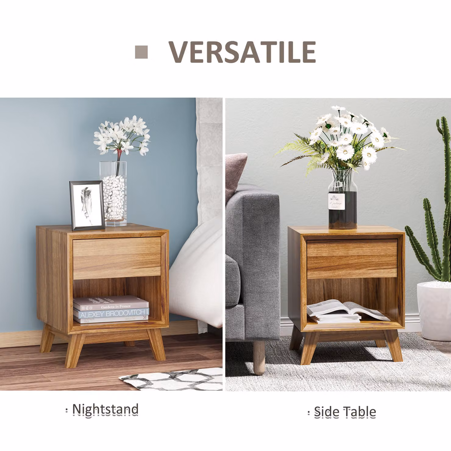 HOMCOM Modern Bedside Table and Nightstand with Drawer and Shelf in Walnut Brown – 4