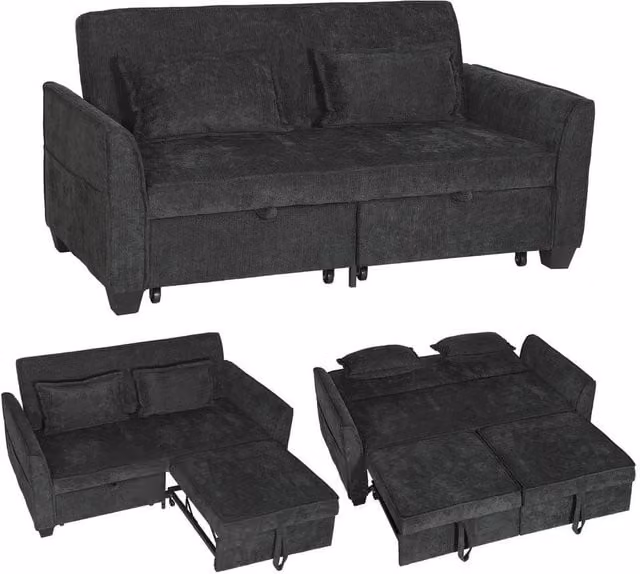 FORGEVIO 2 Seater Convertible Pull Out Sofa Bed in Black, W/D/H: 140 x 200 cm