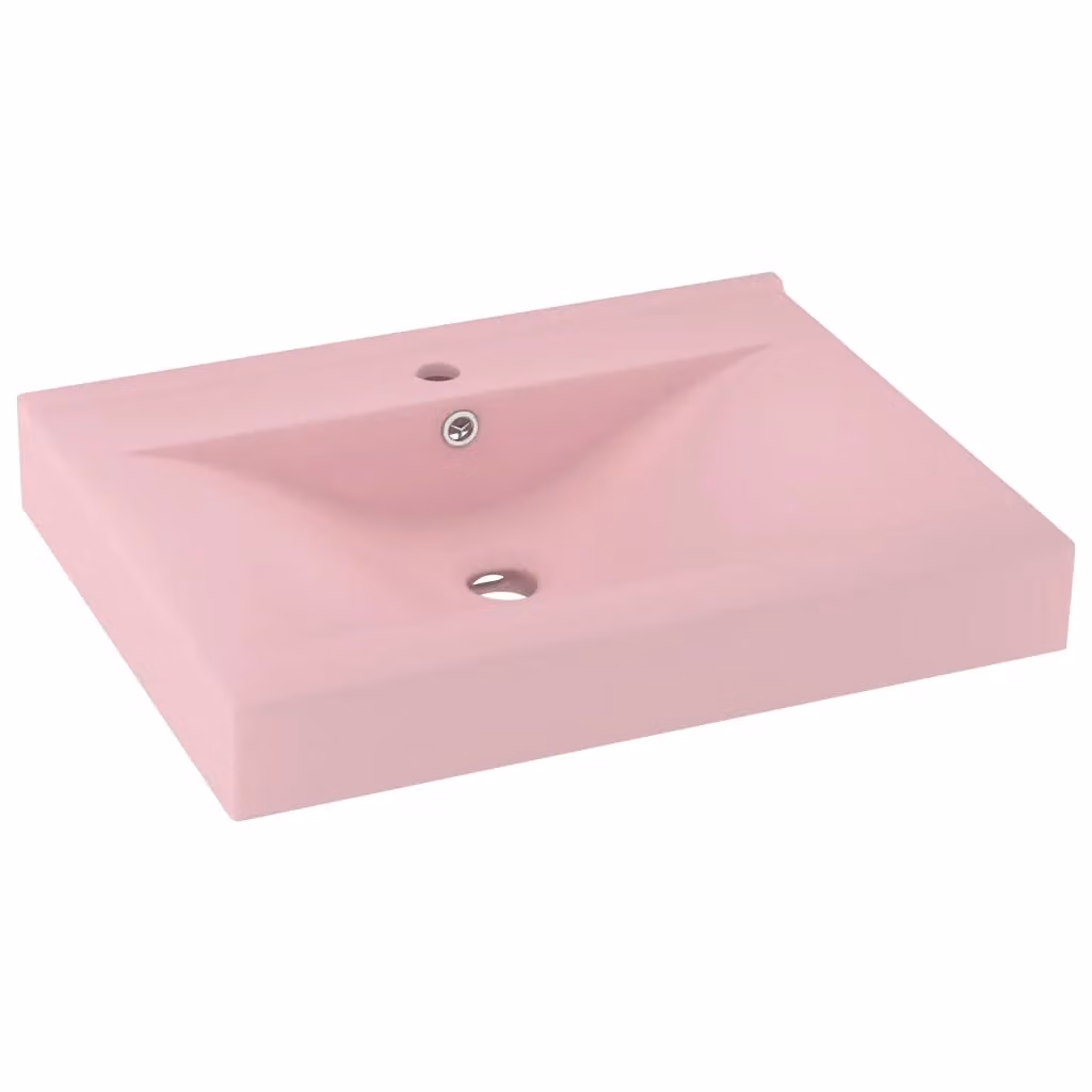 Berkfield Home Luxury Rectangular Ceramic Wall Hung Basin with Faucet Hole in Matt Pink, W: 60 cm, D: 46 cm – 2