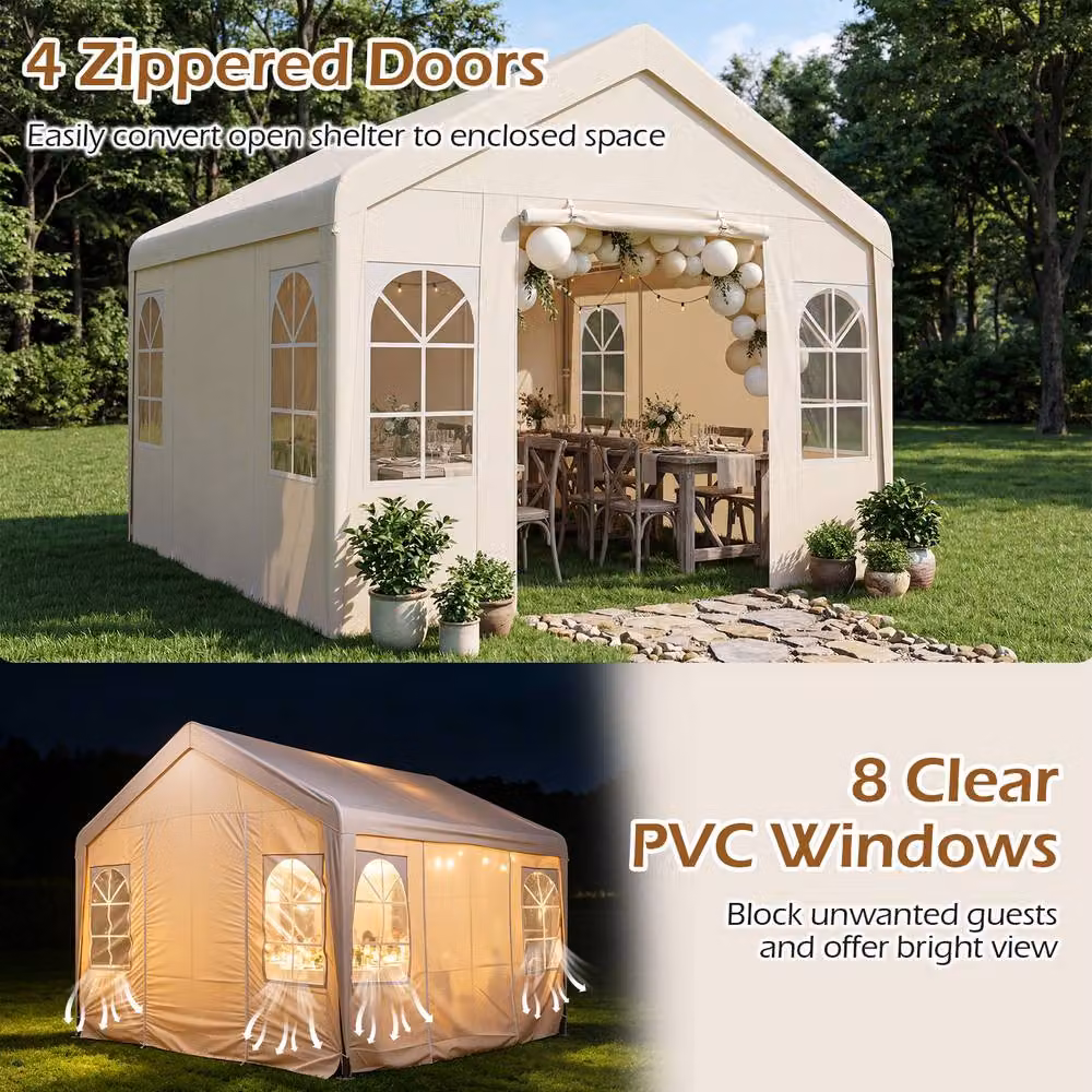 Gymax Beige Outdoor Gazebo Pavilion Canopy Tent with 4 Removable Sidewalls, W: 300 cm, D: 300 cm, H: 280 cm – 4