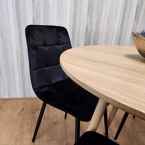 KOSY KOALA Round Oak Dining Table and 4 Black Velvet Chairs Set, W/D/H: 90 x 90 x 75 cm – 5