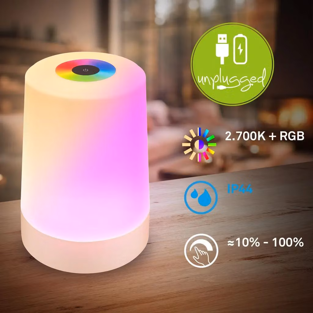 Briloner RGBW Rechargeable LED Table Lamp, Beige, IP44 Dimmable Touch Control Nightlight, W/D/H: 9 x 9 x 13 cm – 6