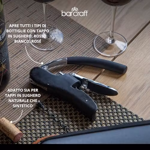 BarCraft Deluxe Lever Corkscrew and Wine Bottle Opener with Built-in Foil Cutter in Black and Silver Metal – 6
