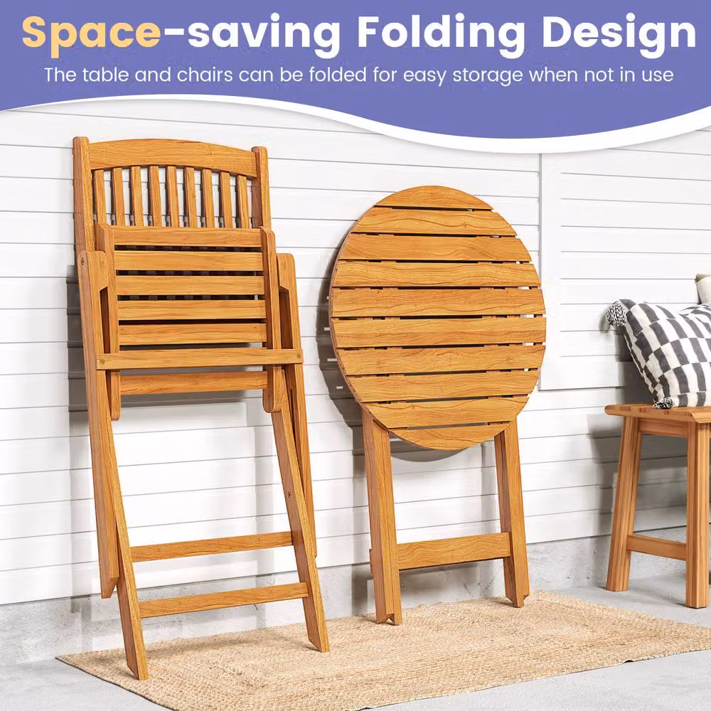 Costway 3-Piece Outdoor Folding Bistro Set with Acacia Wood Chairs and Table in Grey – 4