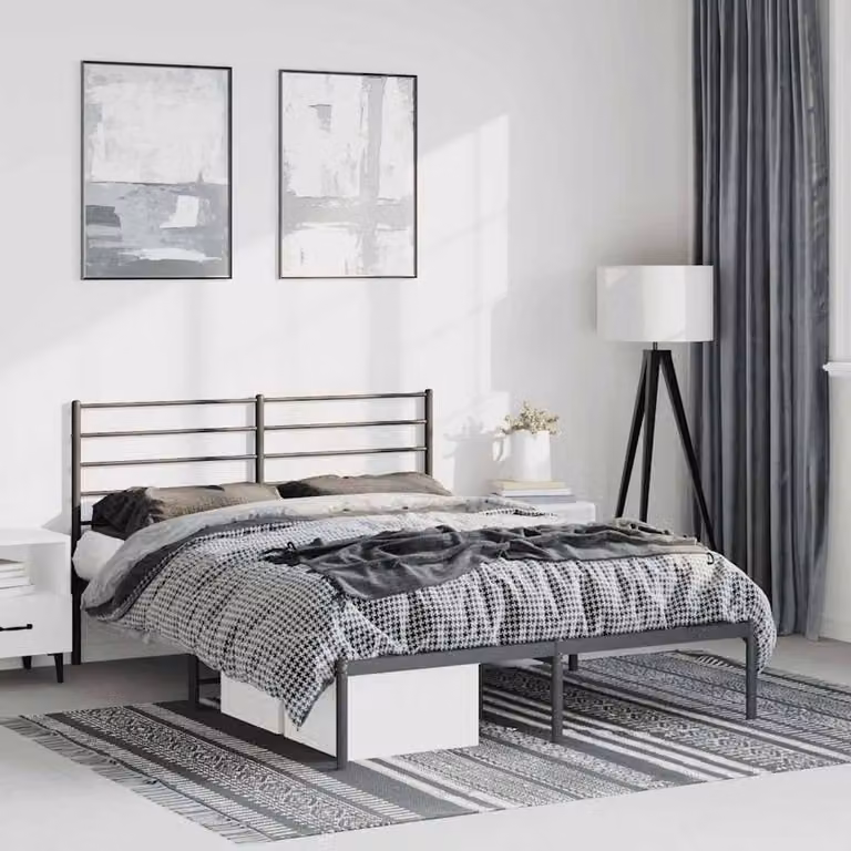 Berkfield Home Metal Bed Frame with Headboard in Black, W/D/H: 150 x 200 cm