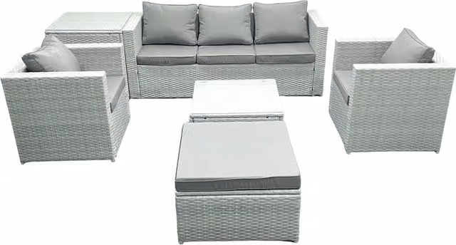 Fimous 6 Seater Rattan Garden Furniture Set in Light Grey with 3 Seater Sofa, 2 Chairs, Square Coffee Table and Large Footstool