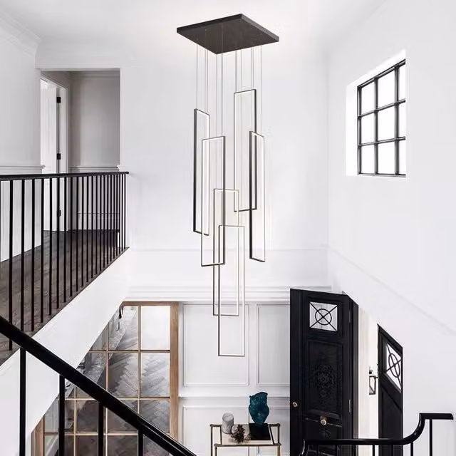 Garwarm 6-Light Modern Rectangular LED Dimmable Suspended Staircase Chandelier in Black – 1