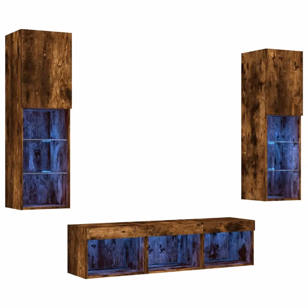 Berkfield Home 5 Piece Modern TV Wall Unit with Integrated LED Lighting in Smoked Oak Brown – 2