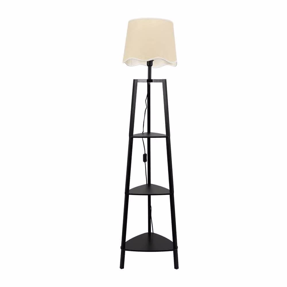 ValueLights Hiru 3 Tier Wood Shelf Floor Lamp in Black with White Fabric Scallop Shade and Included LED Bulb – 2