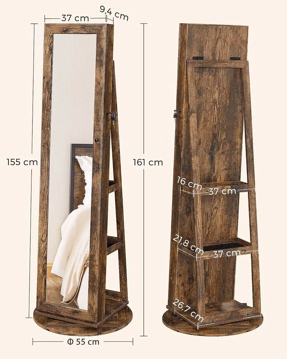 SONGMICS Freestanding Rustic Brown Jewellery Cabinet with Mirror, Internal Shelves and Lock – 2