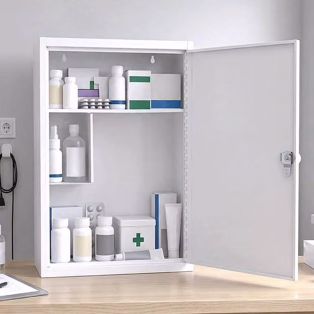 Levede Lockable Wall Mounted Medicine Storage Cabinet, White Metal, W/D/H: 39.0 x 32.5 x 14.0 cm – 1