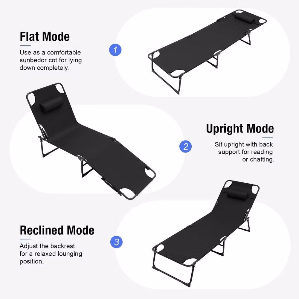 SPETLEK Portable Folding Camping Bed Lounger in Black with Adjustable Headrest and Powder Coated Steel Frame – 3
