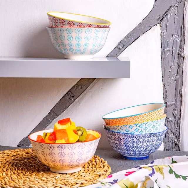 Nicola Spring Hand-Printed Floral Ceramic Cereal Bowls, Pack of 6, White and Multicolour, Diameter: 16 cm