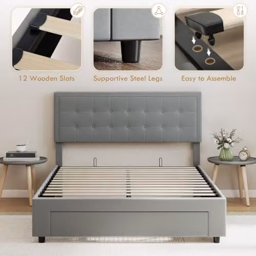 HOMCOM Upholstered Velvet Ottoman Double Bed with Lift-Up Storage in Grey, W: 140 cm x D: 190 cm – 6