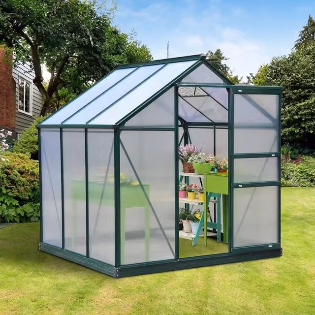 OUTSUNNY Walk-In Polycarbonate Greenhouse with Galvanised Aluminium Frame in Dark Green, W/D/H: 190 x 192 x 201 cm