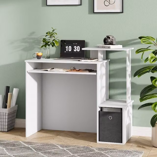 Livingandhome Minimalist White Computer Desk with Single Pedestal and Matt Finish