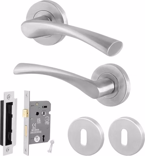 AFIT Satin Lock Door Handle Rose Set in Silver, 1 Pair, W/D/H: 15 x 15 x 1.5 cm