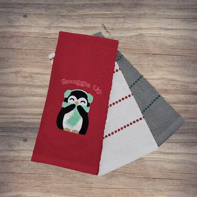 Noel Square Highly Absorbent Cotton Tea Towels, 3 Pack, Red and Multicolour