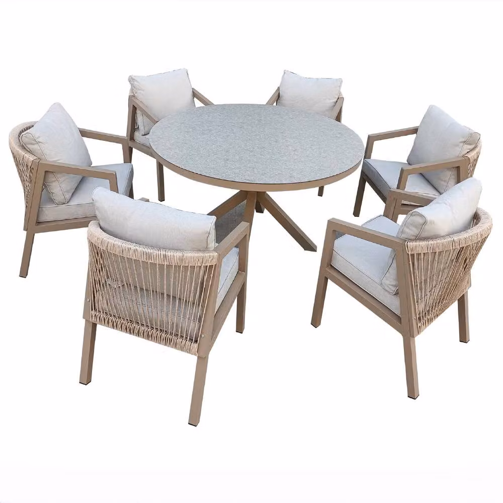 FURNITURE ONE 6 Seater Aluminium Garden Dining Set in Beige with Round Glass Top, Diameter: 145 cm – 2