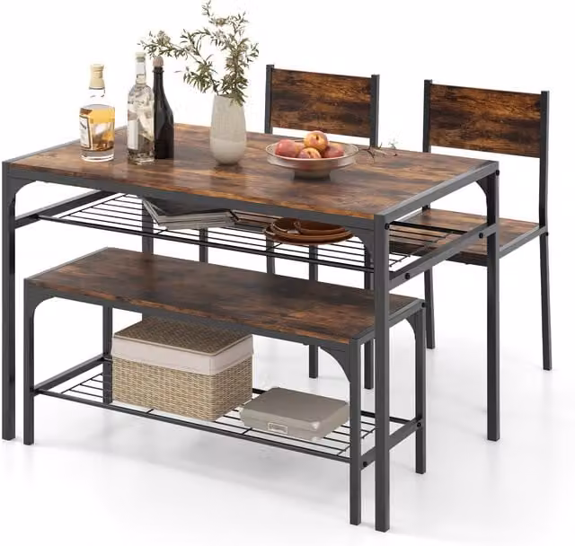 Costway Industrial Wood Kitchen and Dining Room Set with Rectangular Table, Bench and Chairs in Brown