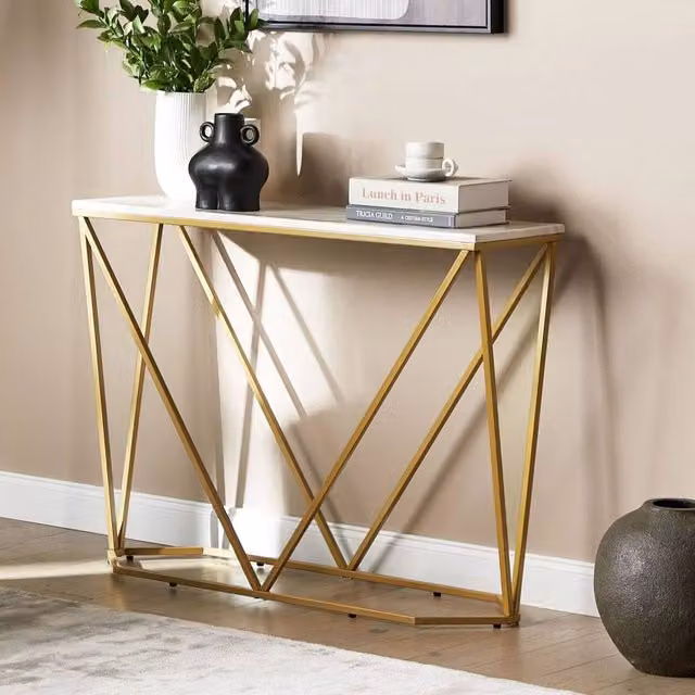 Wyld and Coco Console Table with White Marble Effect Top and Gold Powder Coat, W: 100 cm, D: 30 cm, H: 75 cm