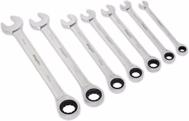 Loops 7pc Chrome Vanadium Ratchet Combination Spanner Set in Silver and Multicolour