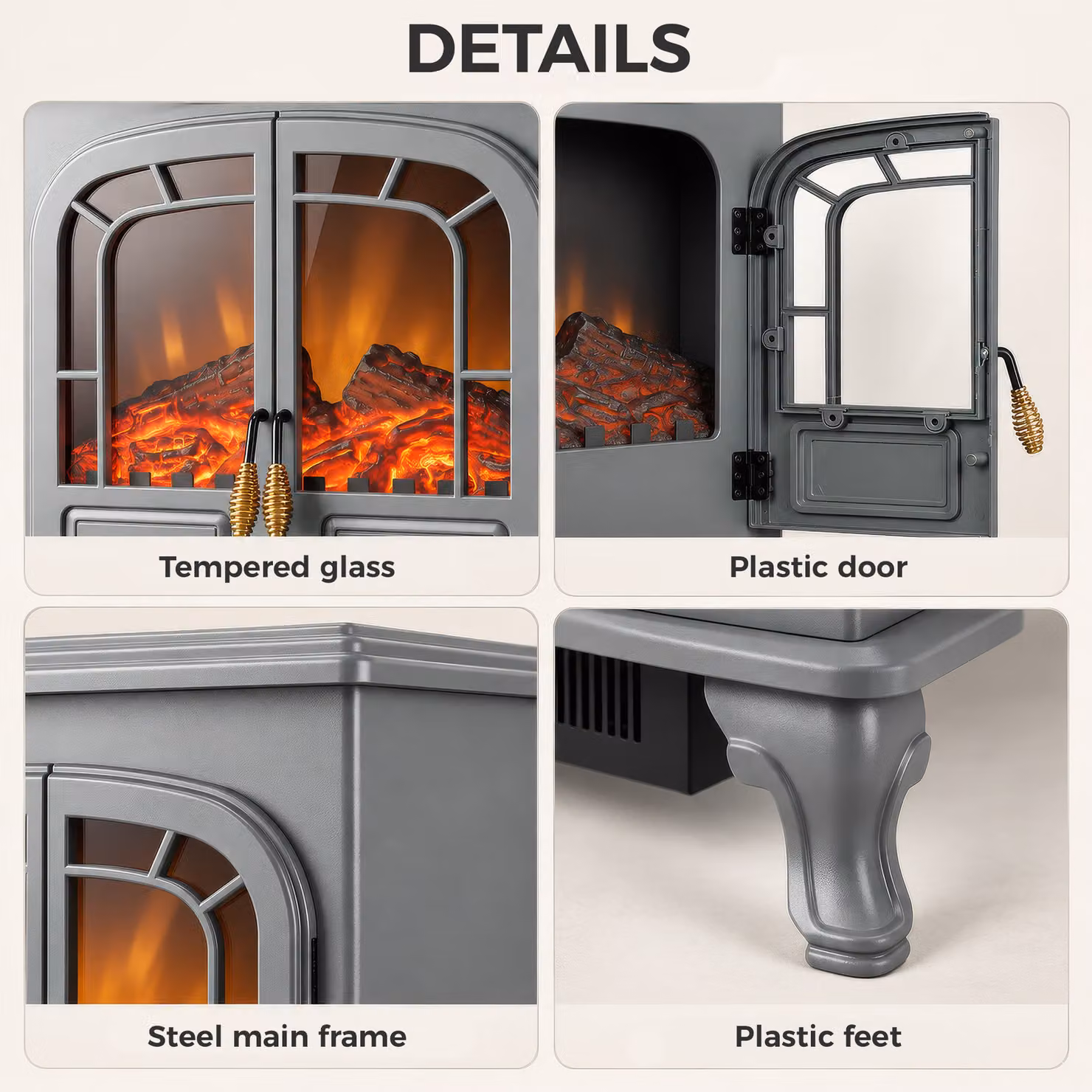 HOMCOM Freestanding Electric Fireplace Stove Heater with LED Flame Effect in Grey – 6