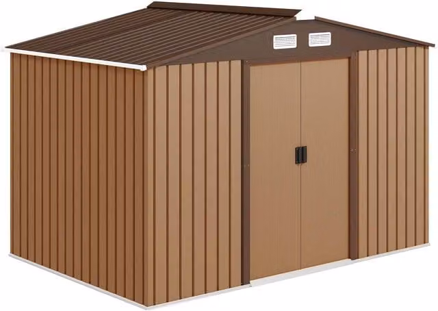 Rolipo Brown Metal Garden Shed with Foundation Kit and Double Doors, W: 274.3 cm, D: 182.9 cm, H: 183.0 cm