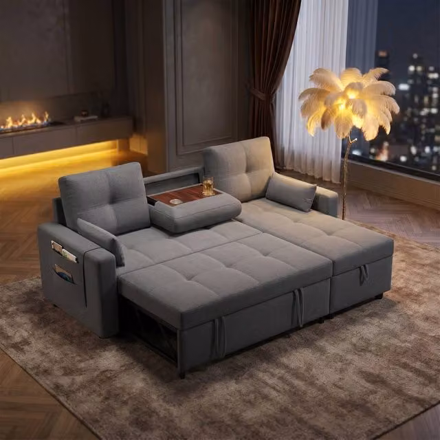 FENCHILIN Grey Fabric L-Shape Sofa Bed with Reversible Chaise, Pull-Out Sleeper, Cup Holder and Scatter Cushions – 1