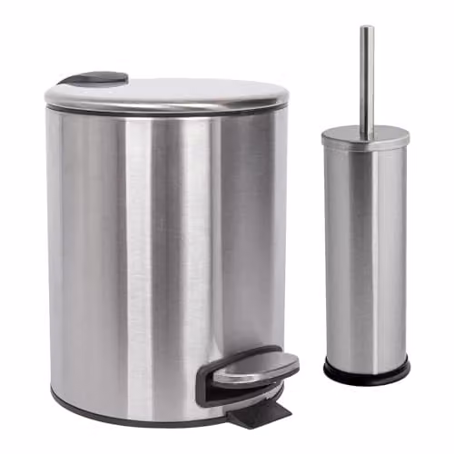 Harbour Housewares 5L Stainless Steel Pedal Bin and Toilet Brush Set in Silver