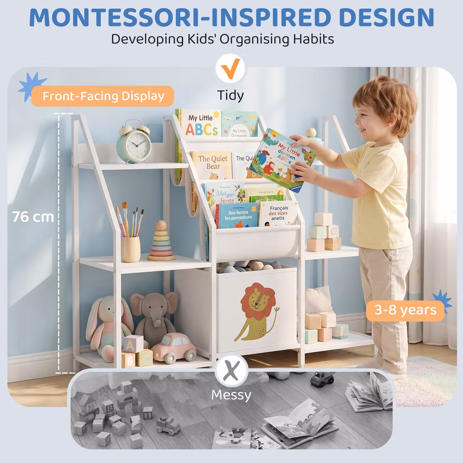 AIYAPLAY Kids Bookshelf and Toy Storage with 3-Tier Sling Book Rack and Fabric Drawer for Nursery, Bedroom or Playroom, White – 2