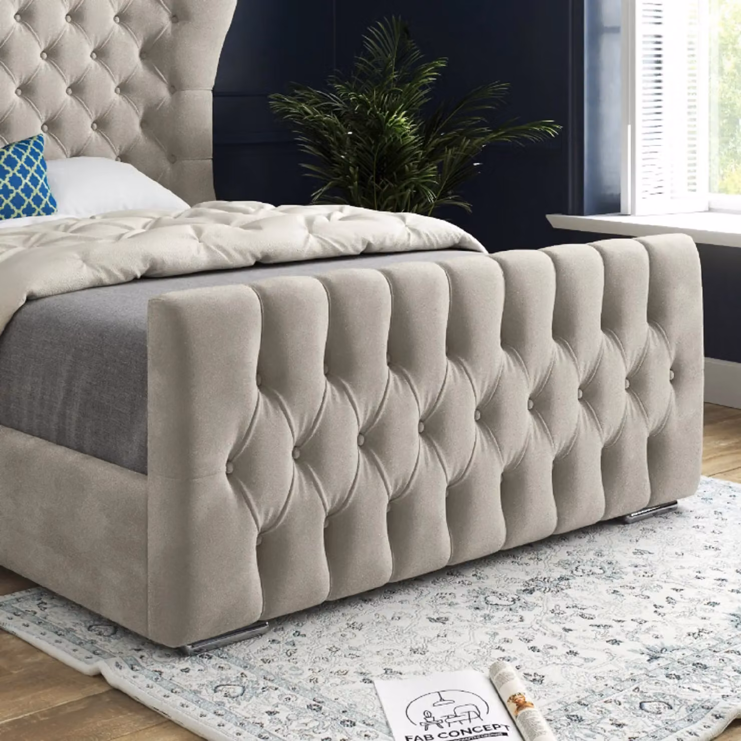 Casani Parma Wide Curved Winged Upholstered Soft Velvet Bed Frame in Beige, W/D/H: 144 x 137 x 200 cm – 3