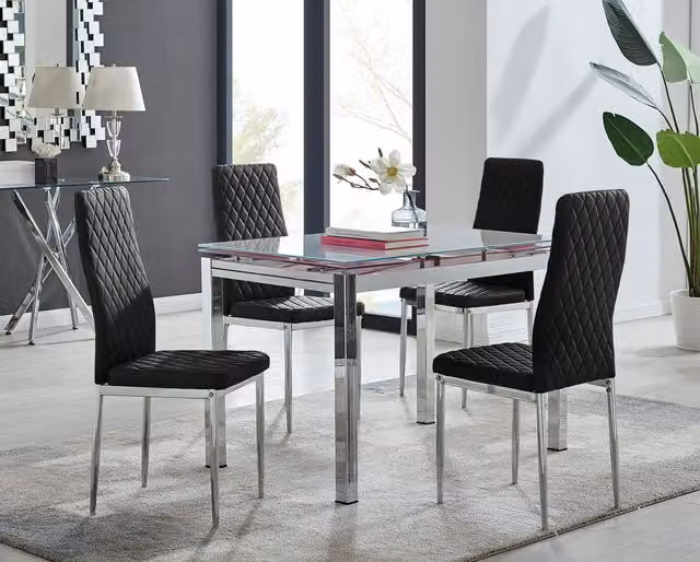 FurnitureboxUK Enna White Glass Extending 4-6 Seater Dining Table and 4 Milan Black Soft Velvet Chairs – 1