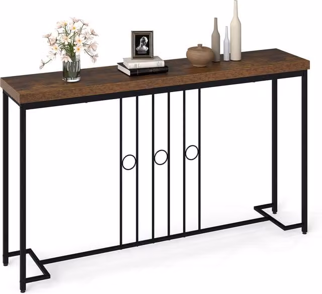 COSTWAY Industrial Wood and Metal Behind Sofa Table in Brown